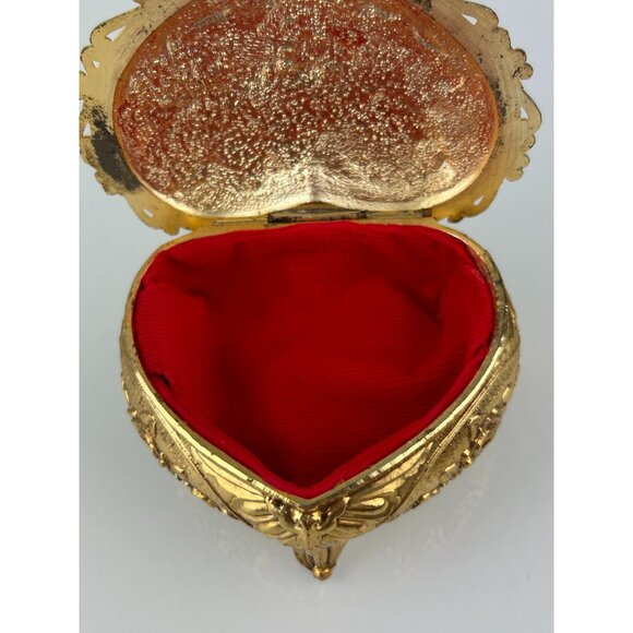 Gold & White Heart Metal Trinket Box Hinged Made in Japan Rose Floral VTG READ - Picture 13 of 16